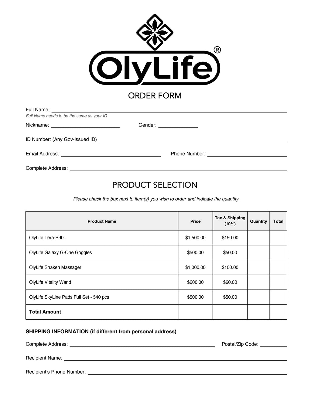 Free Download: OlyLife Order Form